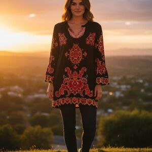 INC International Concepts Black Tunic with Red & Pink Medallion Print